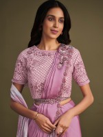 Elegant Pink Satin Silk Sequins Readymade Saree